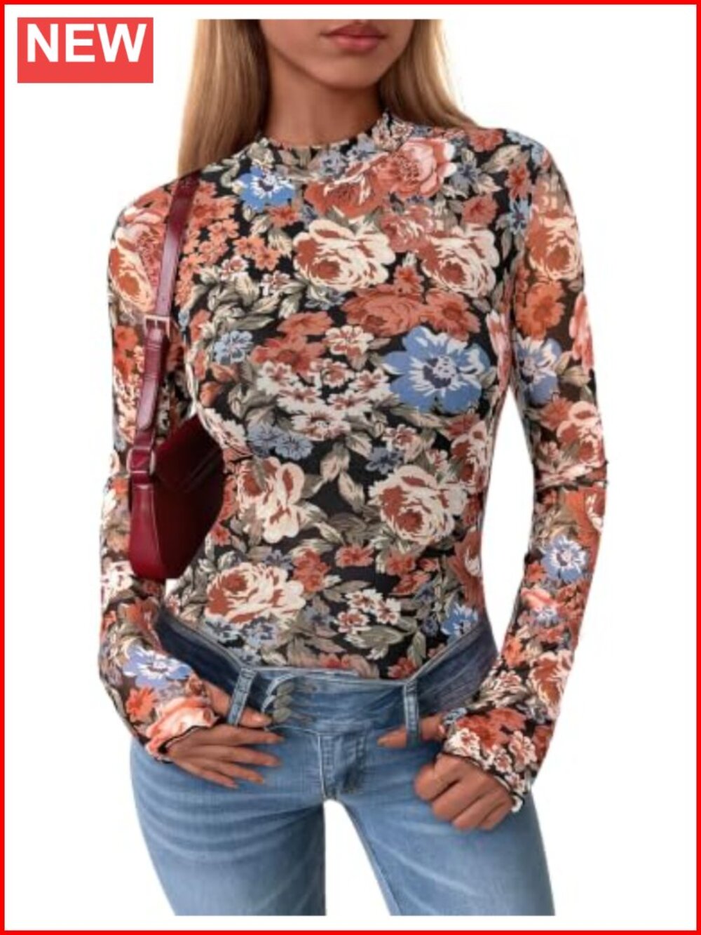Womens Floral Mesh Long Sleeve Mock Neck Slim Fit Blouse